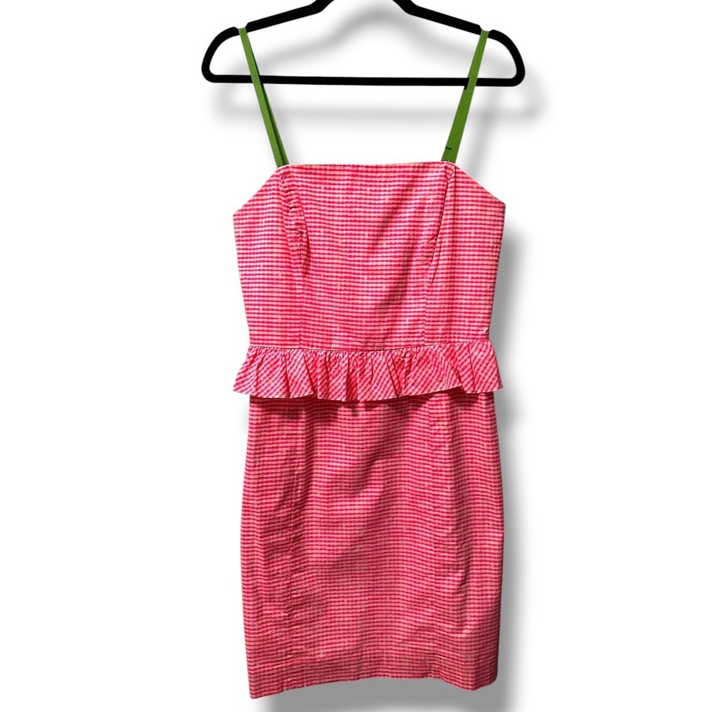Lilly Pulitzer Lowe Dress Fiesta Pink Gingham Peplum Cotton Straps 6 Preppy